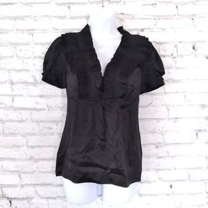 BCBGMaxazria Blouse Womens XXS Black Short Sleeve Ruffle Silk V Neck Top 90s Y2K